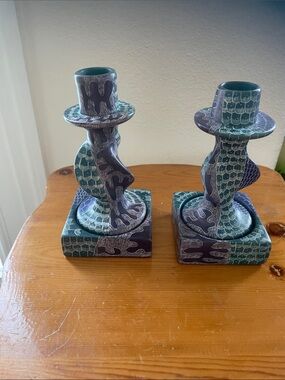 Artisan Ceramic Candle Holders in Teal and Purple - Pair